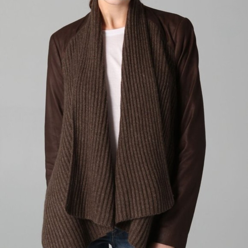 Vince Leather Wool Yak Ribbed Knit Open Jacket Old Money Quiet Luxury sz Medium
